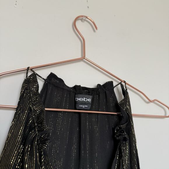 Bebe Womens Tank Top XS Black Silk Sequin Tie Neck Sleeveless Party Festival - Picture 4 of 6